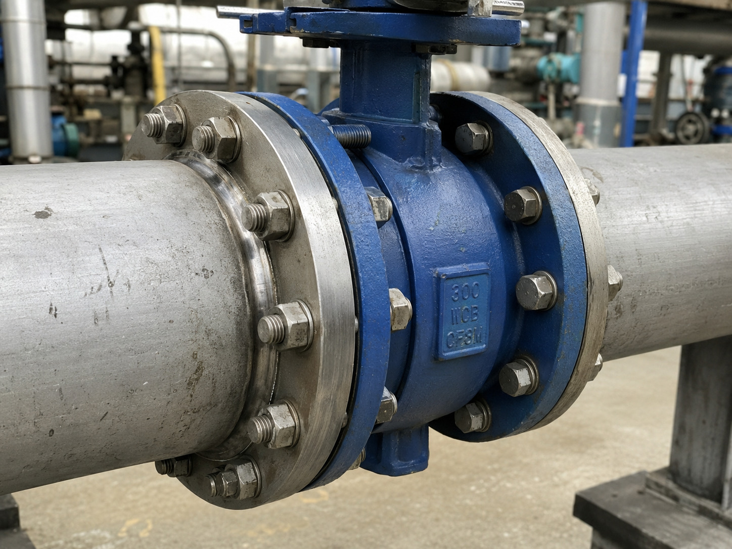 Class 300 butterfly valve bolt chart with a butterfly valve flange connection, fastening components, and industrial piping assembly for selecting compatible bolting dimensions
