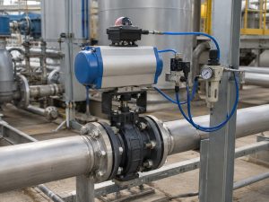 Air operated butterfly valve complete assembly installed on an industrial process line, with pneumatic actuator, mounting bracket, solenoid valve, position feedback devices, and air tubing clearly visible in a realistic plant environment.