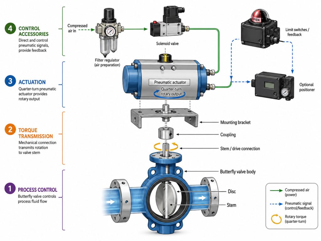 Exploded functional layout of a pneumatic butterfly valve package showing the valve body and disc below, actuator above, bracket and coupling transmitting rotation between them, and solenoid, air preparation, position feedback, and optional positioner connected around the actuator.
