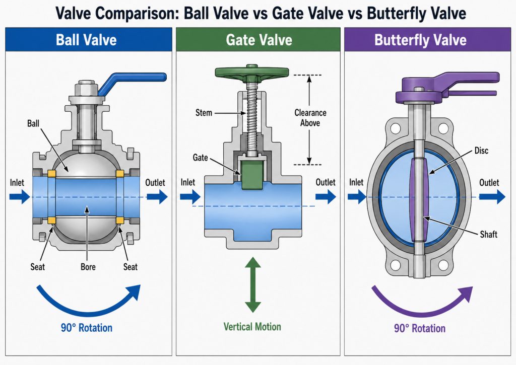 Ball, gate, and butterfly valves shown side by side in the open position, highlighting the ball bore, raised gate, and disc remaining in the flow path, with arrows indicating each valve’s operating motion.