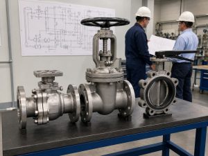 An engineer compares ball, gate, and butterfly valves by appearance, installation space, and connection type in an industrial piping selection area, illustrating a ball valve vs gate valve vs butterfly valve evaluation.