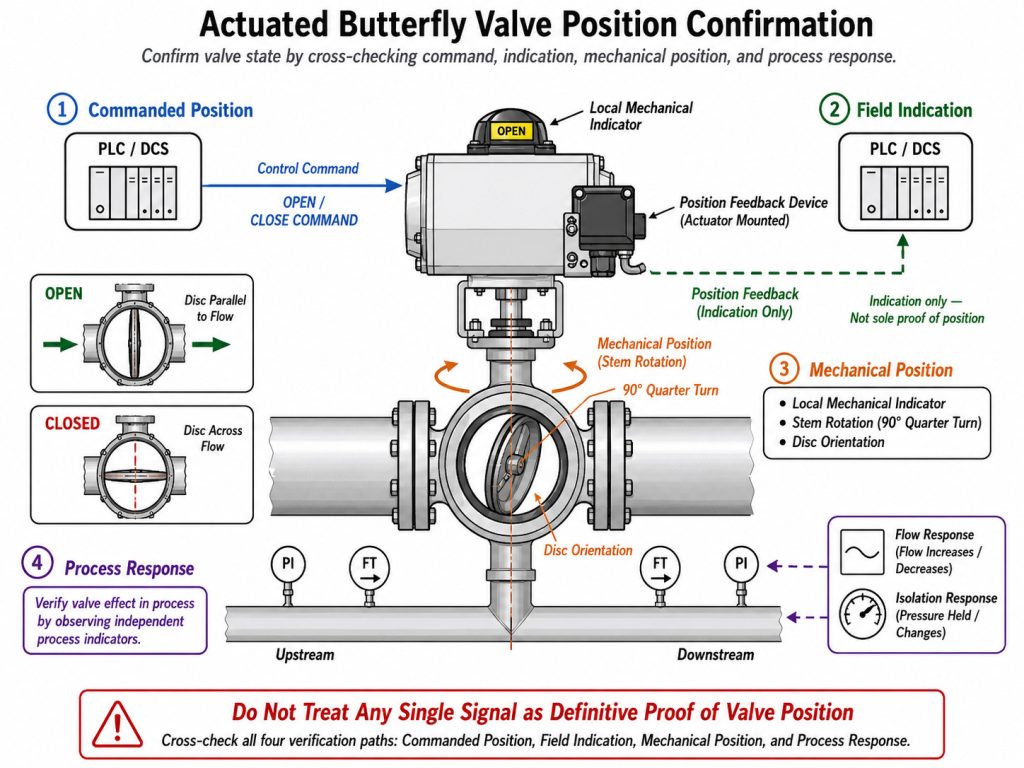 butterfly valve actuator assembly with local position indicator, limit feedback components, and operator markings used for verifying valve position
