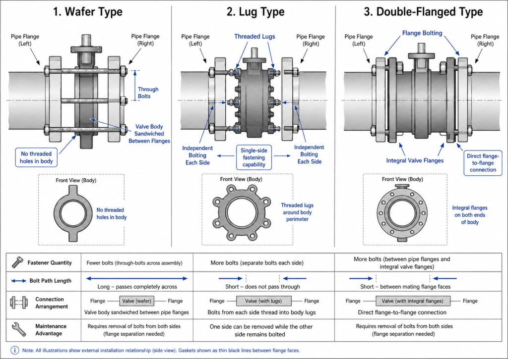 Wafer, lug, and double-flanged butterfly valve body arrangements with different flange connection methods and fastener positions
