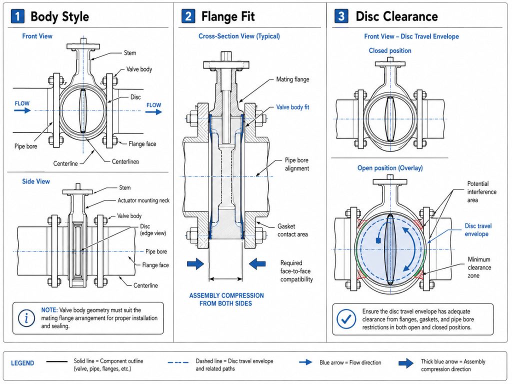 Butterfly valve body style installation details showing wafer, lug, and flanged connection arrangements with flange alignment, disc clearance area, and piping interfaces.