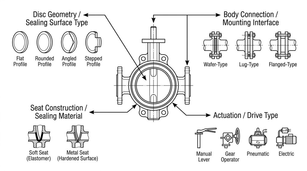 Simplified technical view of butterfly valve classification showing disc geometry, body connection, seat construction, and actuation as four separate selection axes with connected component relationships.