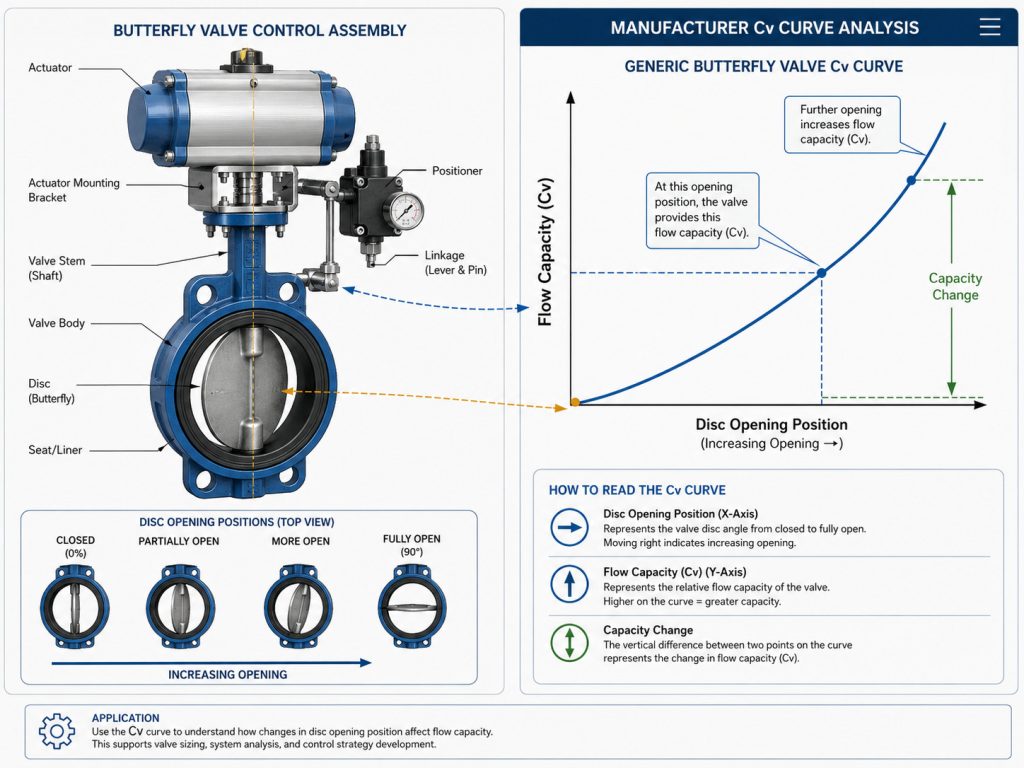 manufacturer butterfly valve Cv curve with disc position relationship shown on an engineering analysis display beside a butterfly valve control assembly