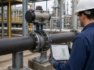 An engineer reviews a butterfly valve Cv curve on a tablet beside a correctly installed butterfly valve in an industrial process pipeline.
