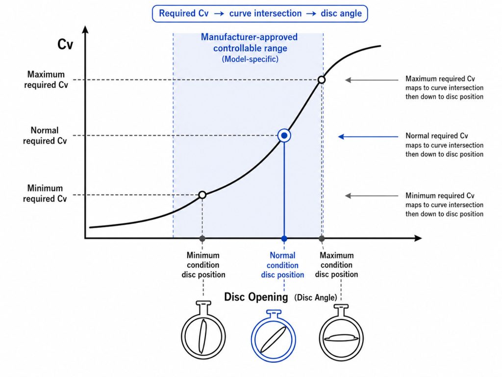 A nonlinear valve capacity curve with separate minimum, normal, and maximum required Cv lines intersecting the curve and mapping to three corresponding butterfly valve disc angles.