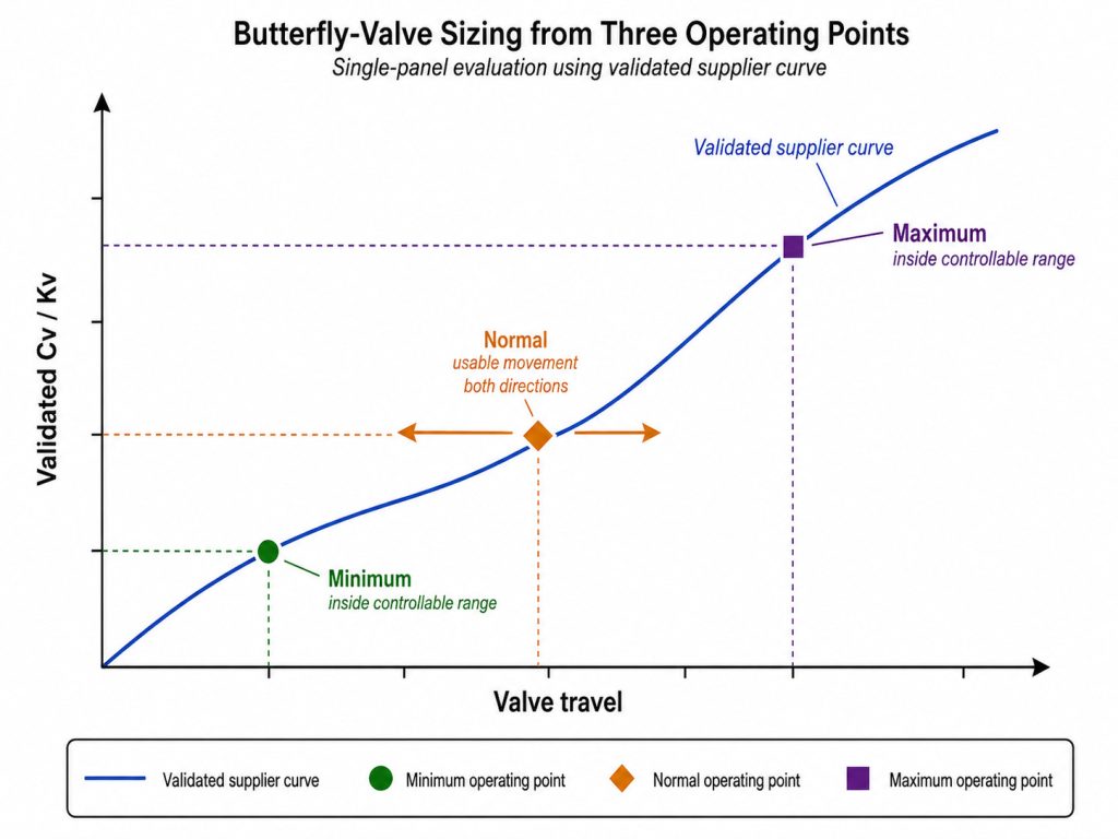 Cv or Kv versus valve travel curves with the minimum, normal, and maximum required operating points marked to show whether each point remains within a usable butterfly-valve control window.