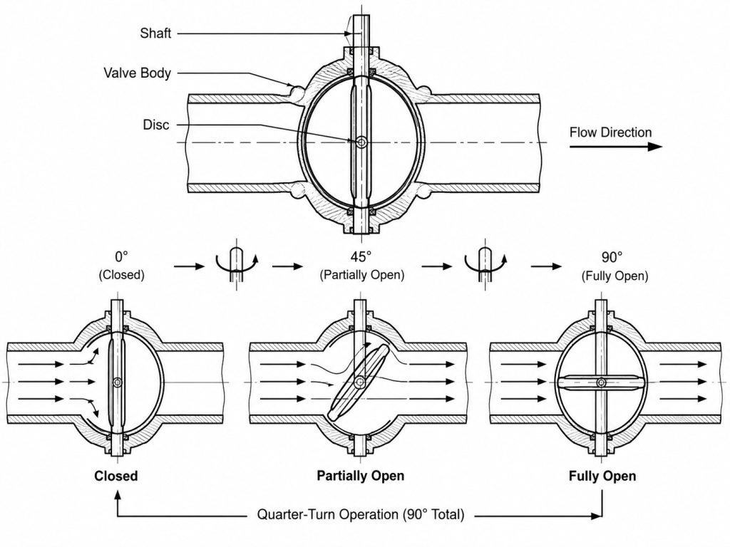 Circular butterfly valve disc rotating inside the valve body with shaft position and fluid passage direction illustrated in a simplified piping system view.