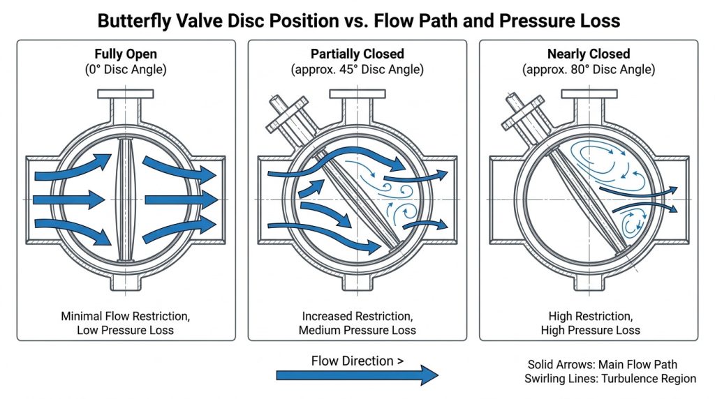 butterfly valve disc opening positions showing the relationship between disc angle, flow passage area, and fluid path through the valve body