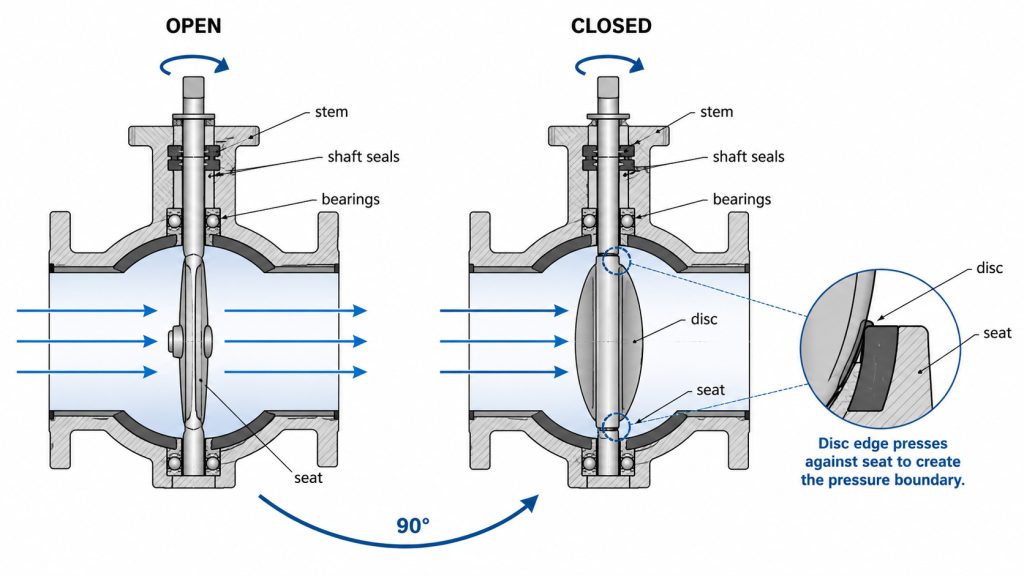 A simplified butterfly valve diagram showing the disc rotating from the open position to the closed position, the disc edge pressing against the seat, the stem transmitting torque, and shaft seals preventing leakage around the stem.