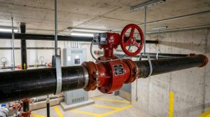 butterfly valve fire protection assembly installed on a water-based fire protection system, showing the supervised valve, pipe connection, and equipment environment in a realistic facility setting