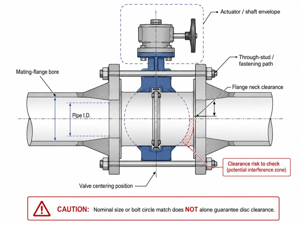 butterfly valve centered between two pipe flanges with the open disc sweep extending into the pipe bore, alongside bolt paths, flange neck clearance, and actuator clearance areas that must be checked before installation.