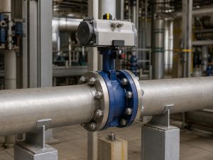 Butterfly valve flow curve shown with an industrial butterfly valve installed in a process pipeline control environment, highlighting valve operation and flow control analysis.
