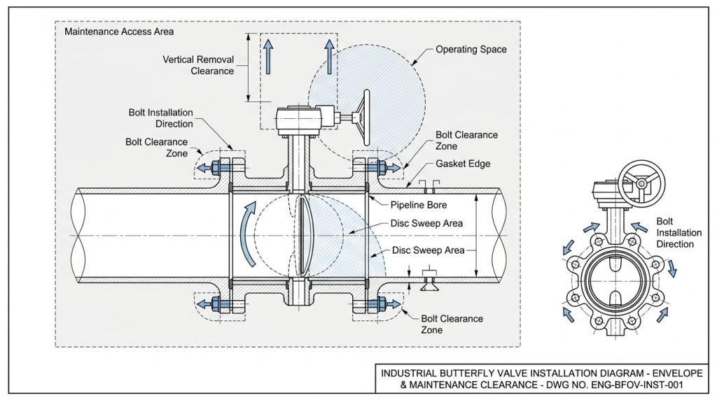 A butterfly valve installation diagram identifies the disc opening sweep, adjacent pipe inside diameter, gasket edge, flange bolt direction, actuator operating space, and overhead removal clearance.