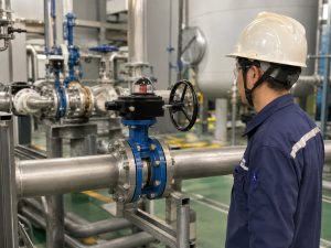 butterfly valve open and closed position in an industrial piping system, showing a butterfly valve with its operator installed in a realistic process environment