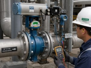 Butterfly valve open position verification during industrial commissioning, with a technician comparing the actuator’s local mechanical pointer against independent endpoint feedback on an installed pipeline valve.