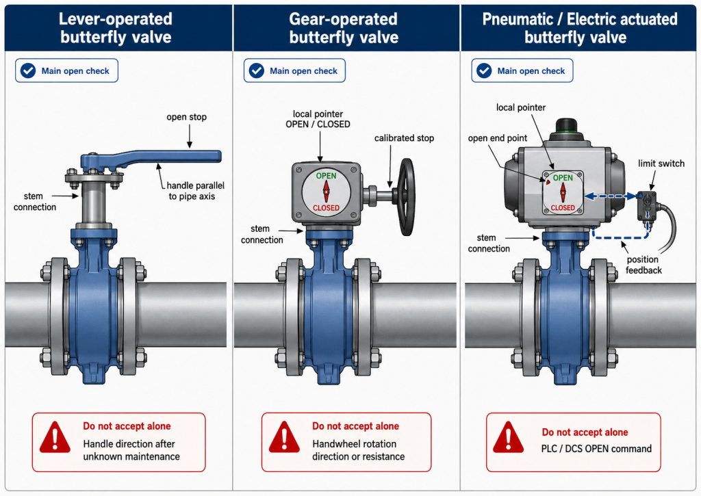 Three-column comparison of a lever-operated butterfly valve, a gear-operated valve, and an actuated butterfly valve, highlighting the correct local open-position indicator and the external cues that cannot confirm disc position by themselves.
