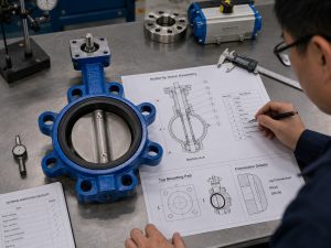 An engineer compares a butterfly valve parts diagram while inspecting the valve body, stem interface, actuator mounting surface, and pipeline connection type at an industrial maintenance workstation.