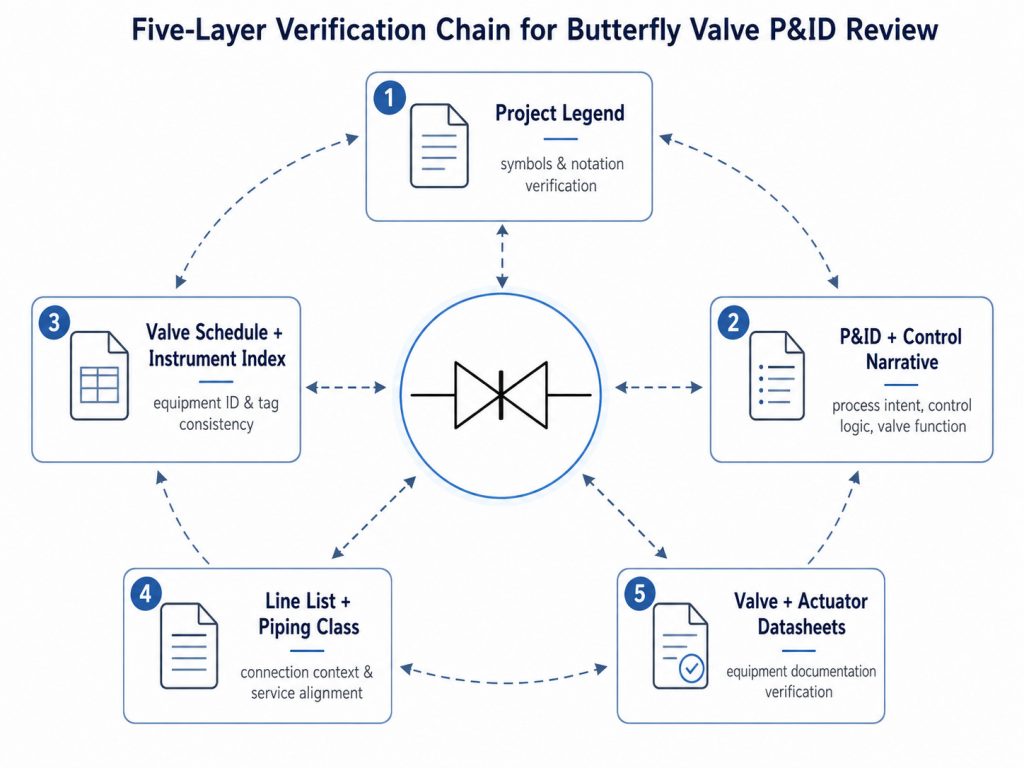 Engineering document workflow showing a butterfly valve P&ID review process with a symbol, legend, valve schedule, line list, and datasheet connected as verification layers.