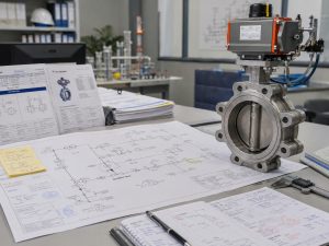 butterfly valve P&ID symbol verification showing an engineering review of valve drawings, process diagrams, and document records for industrial piping systems.