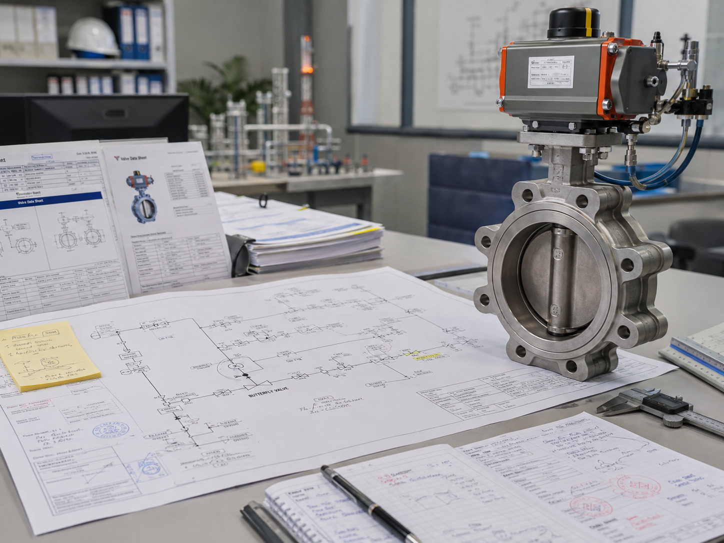 butterfly valve P&ID symbol verification showing an engineering review of valve drawings, process diagrams, and document records for industrial piping systems.