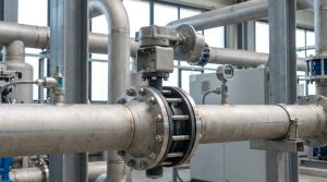 butterfly valve pressure drop calculation in an industrial piping system showing a correctly installed valve assembly with actuator and connected pipework in a process application