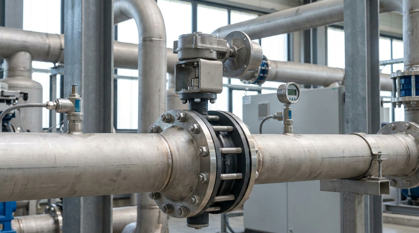 butterfly valve pressure drop calculation in an industrial piping system showing a correctly installed valve assembly with actuator and connected pipework in a process application