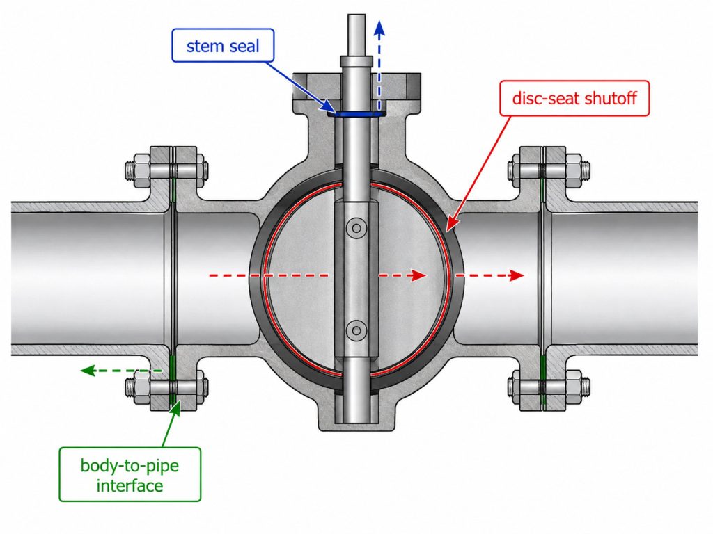 Butterfly valve with three distinct sealing boundaries identified at the disc-to-seat contact, stem sealing area, and body-to-pipe connection, with separate arrows indicating possible internal, stem, and flange leakage paths.