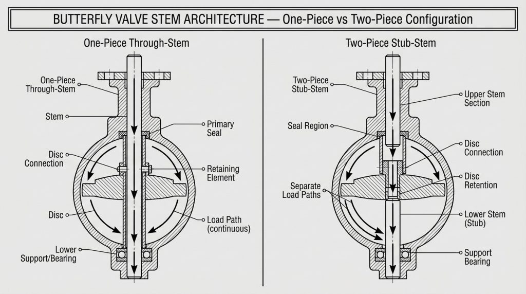 butterfly valve stem architecture with one-piece and two-piece stem arrangements shown with disc connection, supports, seals, and retention components