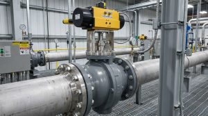 butterfly valve stem installed in an industrial piping system, showing the valve assembly in a realistic operating environment with focus on the stem connection area