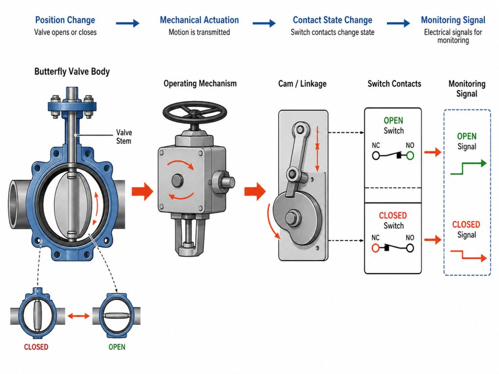 butterfly valve operator, stem, cam mechanism and supervisory switch contacts shown with their movement relationship during valve position monitoring