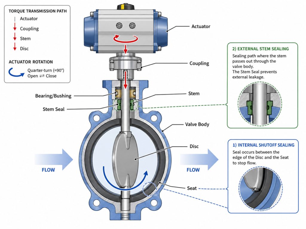 A butterfly valve technical diagram showing the torque path from the actuator through the coupling and stem to the disc, with the disc edge sealing against the seat and the stem seal providing external containment.