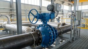 Industrial butterfly valve types shown in a realistic piping application environment with a large butterfly valve as the main subject, surrounded by industrial piping and operating equipment to represent valve selection and specification scenarios.