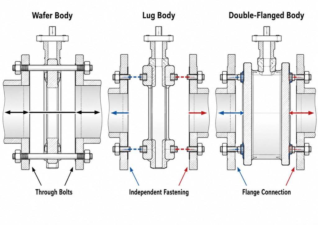 Butterfly valve wafer body, lug body, and double-flanged body fastener arrangements shown with simplified connection paths and flange relationships