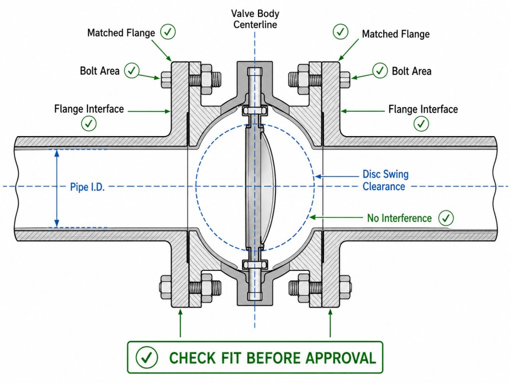 Butterfly wafer valve flange connection layout showing the valve body centered between two pipe flanges, bolt arrangement, flange faces, pipe bore, and disc clearance area.