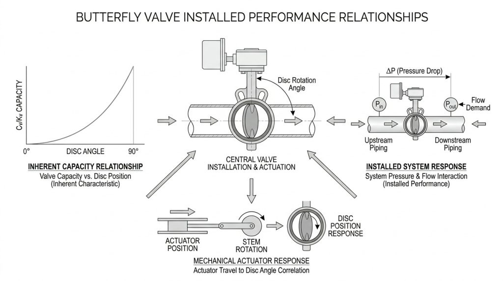 Butterfly valve control system diagram showing the relationship between valve capacity curve, system pressure conditions, and actuator disc position