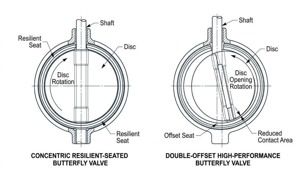 Cross-sectional technical view comparing a concentric resilient-seated butterfly valve and a double-offset high-performance butterfly valve showing disc position, shaft location, and seat contact areas.