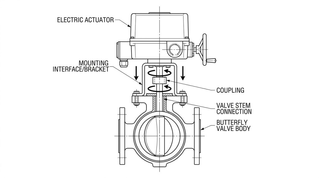 Electric actuator mounted on a butterfly valve assembly with the valve body, mounting interface, stem connection, and control components shown in relation to each other.