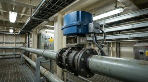 Explosion-proof marine electric butterfly valve installed on a hazardous marine fluid system with an electric actuator, piping, and offshore equipment environment