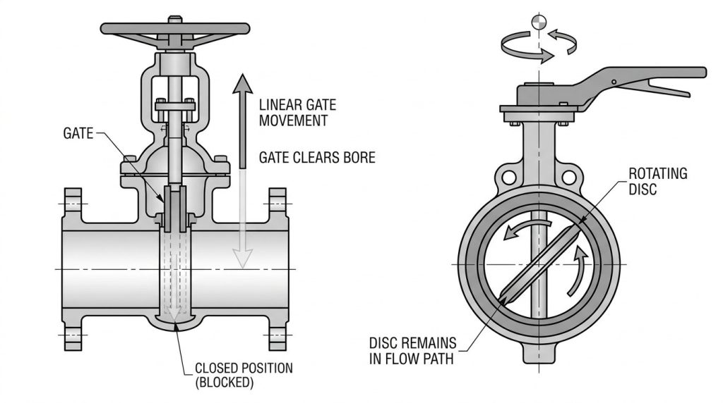 Gate valve and butterfly valve operating structures with a linear gate movement and rotating disc arrangement shown in a simplified engineering view.