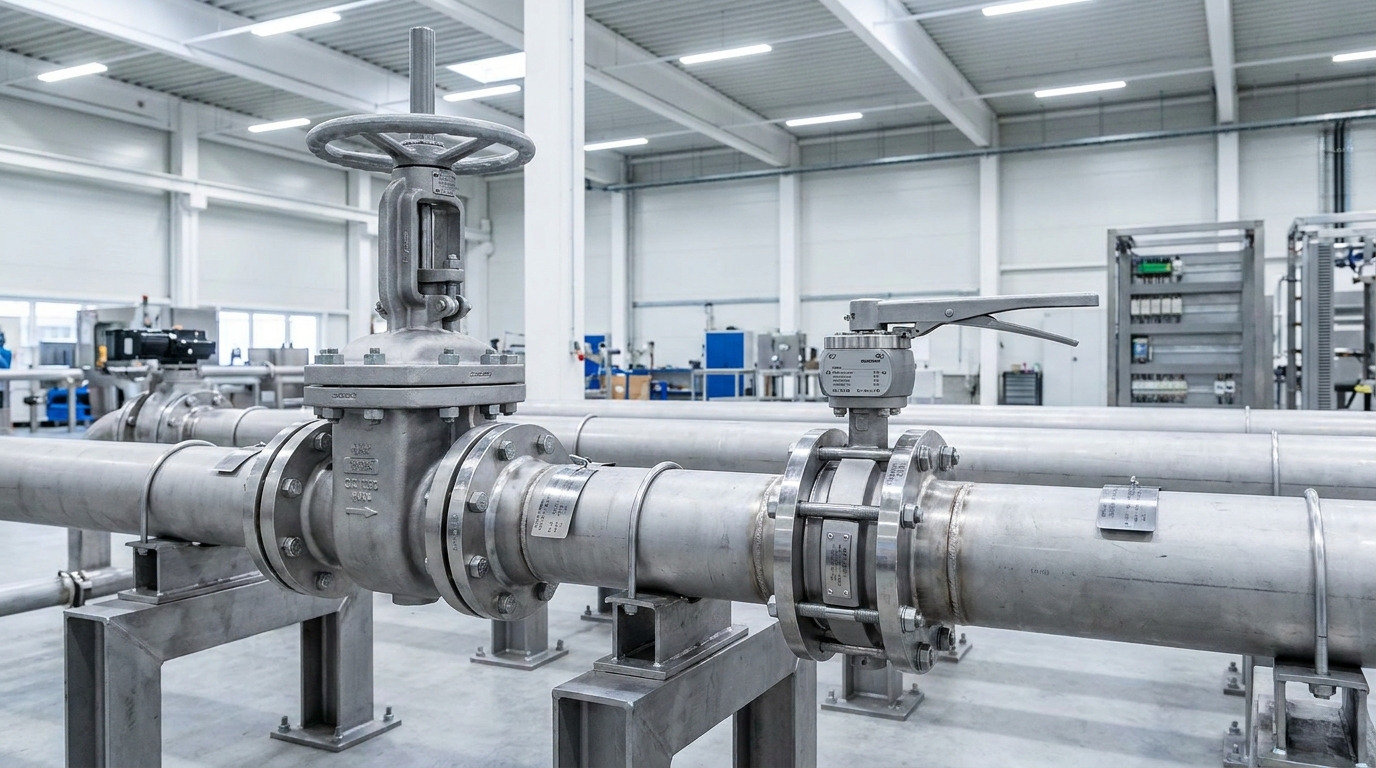 Gate vs Butterfly Valve comparison in an industrial pipeline environment showing a gate valve and a butterfly valve installed in realistic process line settings for valve selection evaluation.