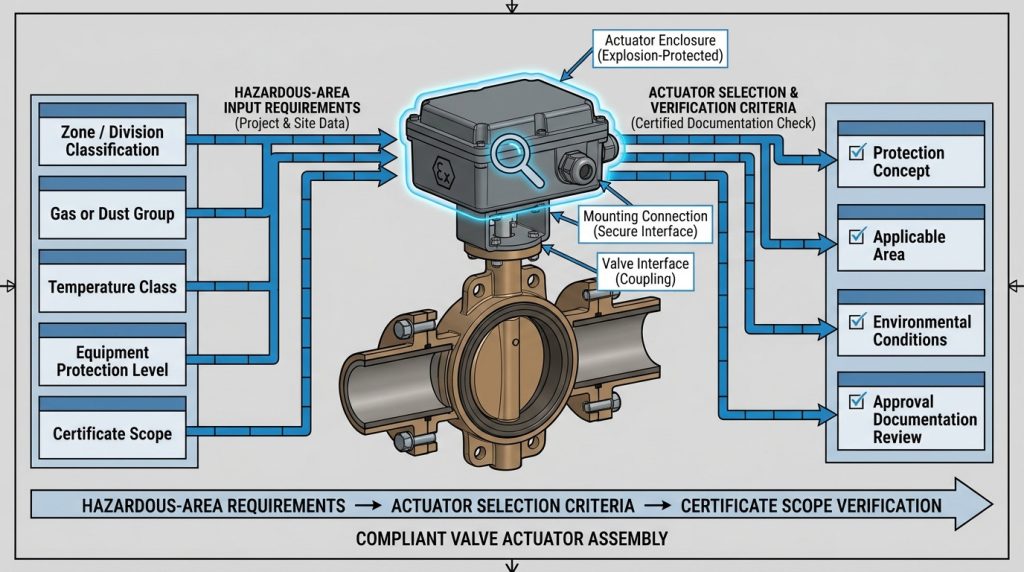 Electric actuator certification and hazardous-area classification relationship shown through a valve assembly diagram with area classification labels and certificate matching points