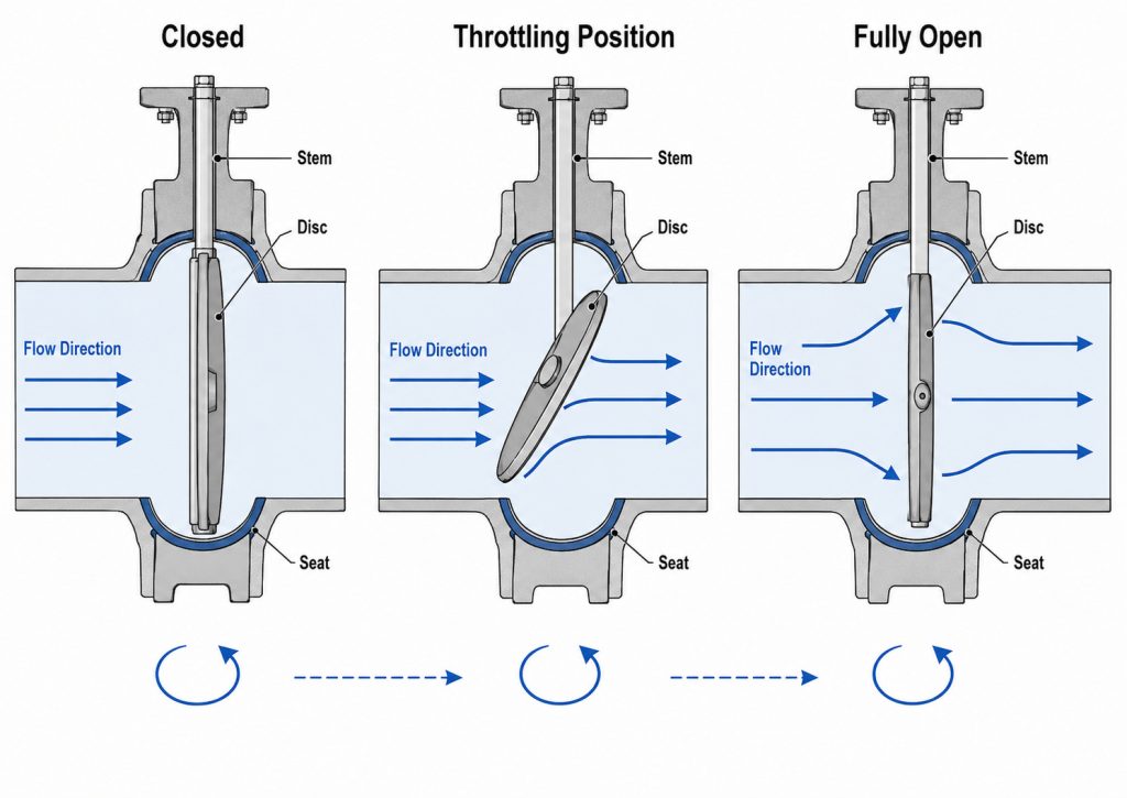 Butterfly valve shown in closed, partially open, and fully open positions, with arrows indicating fluid flow around the disc and the stem driving disc rotation.