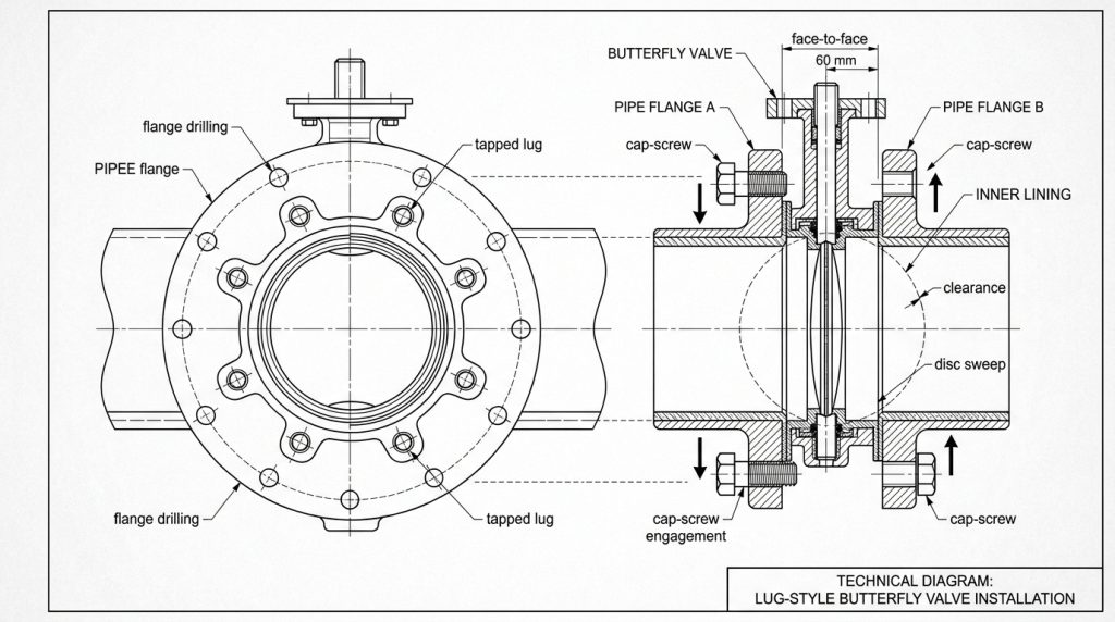 Technical layout of a lug body butterfly valve installation showing flange hole alignment with the valve’s tapped lugs, independent cap-screw insertion from both sides, the face-to-face dimension, and disc clearance at the fully open position.