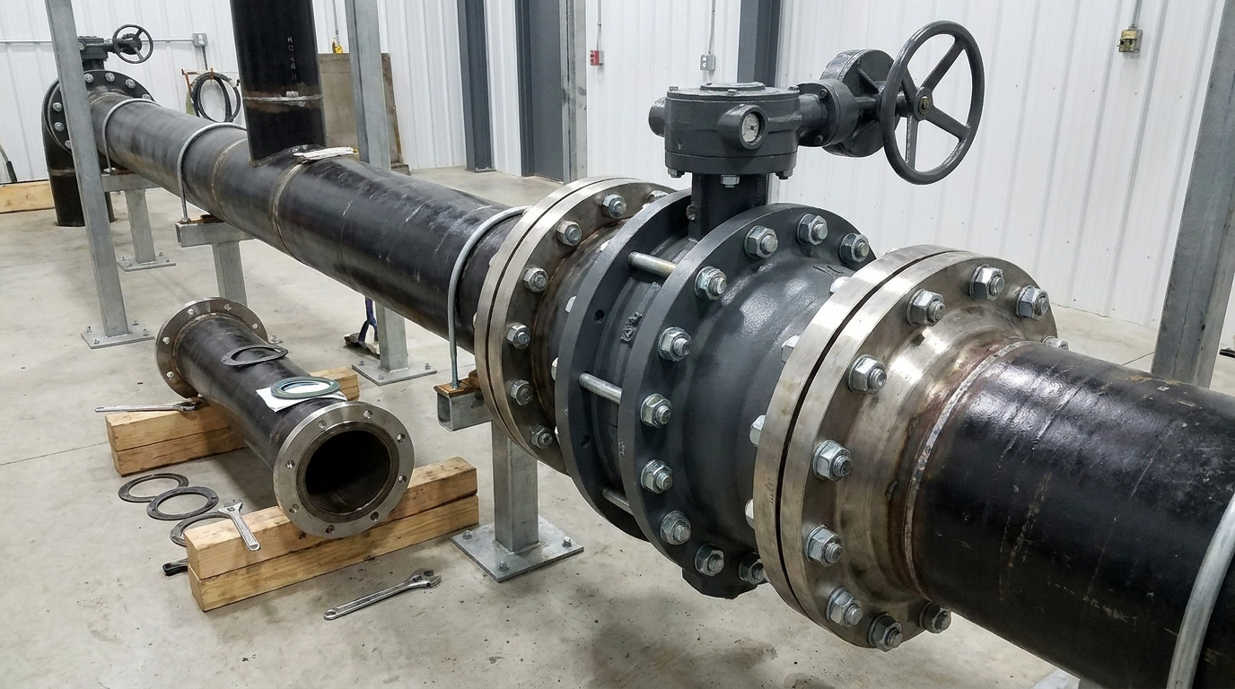 A lug body butterfly valve installed between two pipe flanges in an industrial piping system, with full-pattern tapped lugs independently securing each flange and a removable downstream pipe section visible beside the maintenance area.
