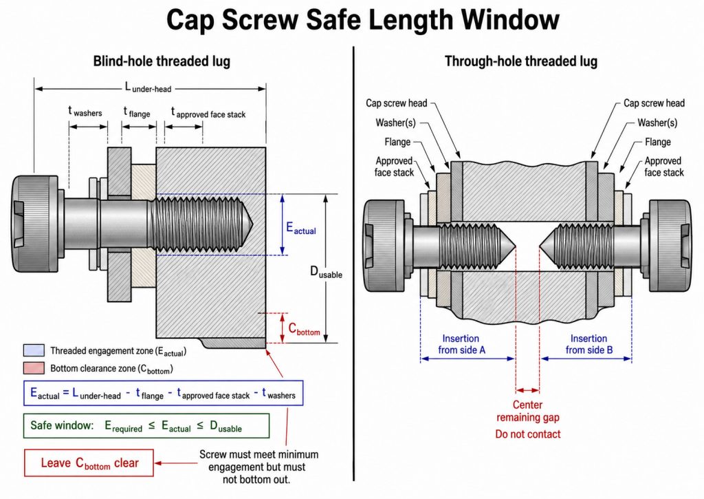 Side-view technical diagram of a lug butterfly valve joint showing the flange, approved face stack, washer, cap screw, actual thread engagement, usable tapped depth, bottom clearance, and clearance between opposing screws.