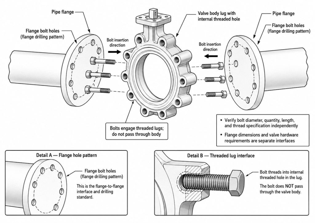 Lug butterfly valve flange connection with separate views of bolt diameter, flange holes, and threaded valve lugs showing the difference between flange pattern and valve-specific hardware interface.