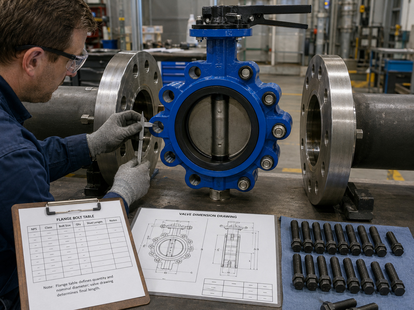 A lug style butterfly valve bolt chart beside a lug butterfly valve mounted between two ASME flanges, with separate cap screws being checked from both sides before installation.